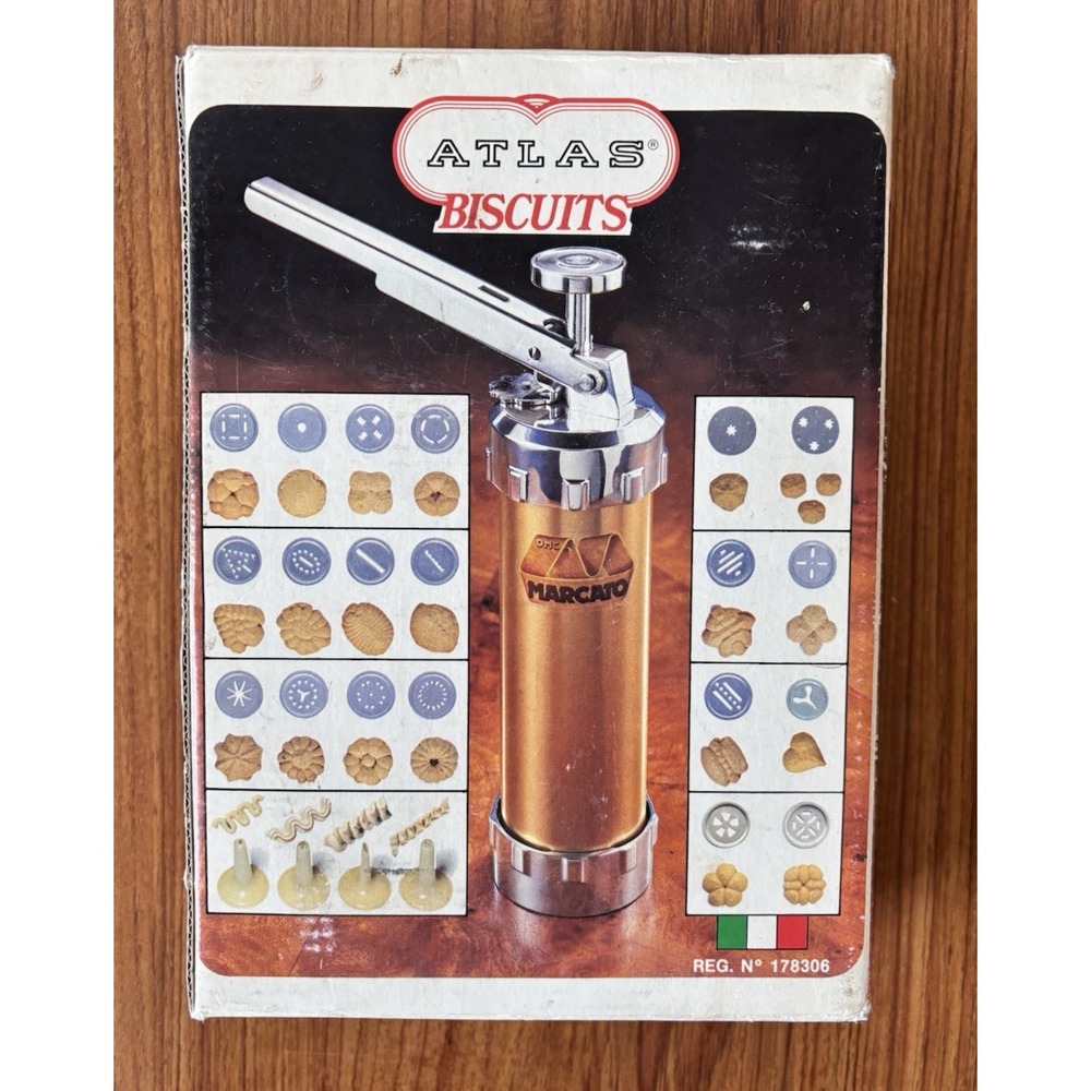 Vintage Marcato Atlas Biscuit Maker Cookie Press w/28 Attachments NEW Italy